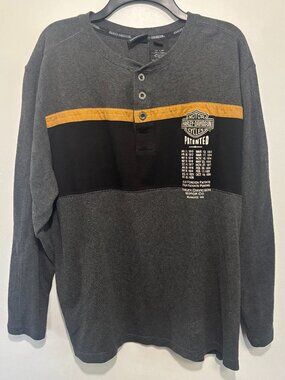 Harley Davidson Mens XL Henley Shirt Gray Black Embroidered Logo